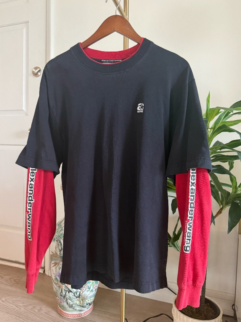 Alexander Wang Double Layer Long Sleeve T-Shirt Navy Red Size Medium